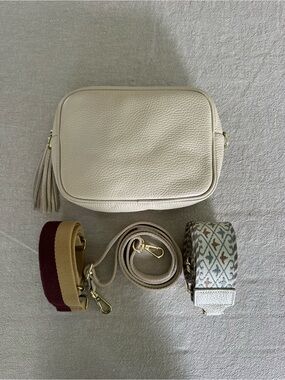 Cream Leather Crossbody Camera Bag with Tassel (3 straps included)